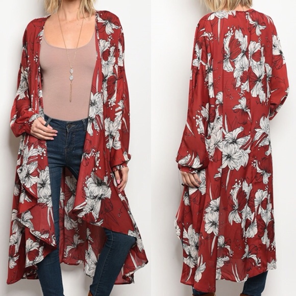 Wine Burgundy Boho Floral Long Sleeve Kimono - Picture 4 of 4